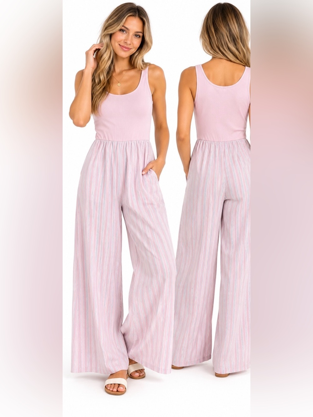 Stitch Fusion Pink Striped Wide Leg Jumpsuit Size M NWT